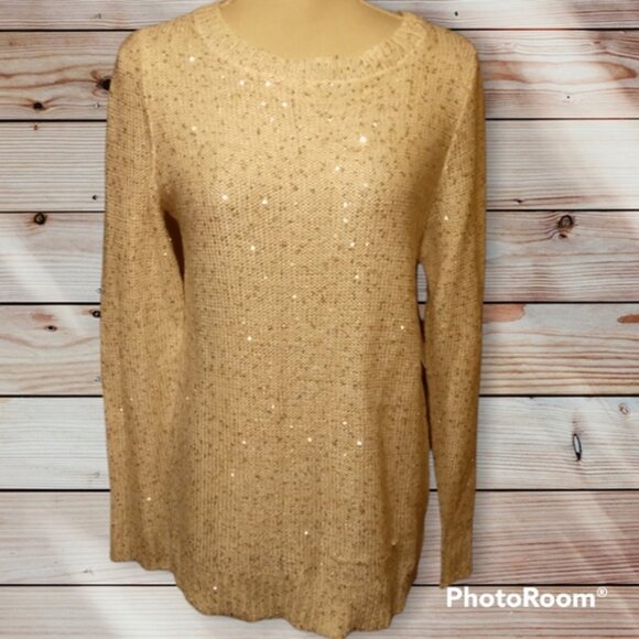 Time and Tru cream with gold sequins mixed media lace up back sweater size small - Picture 1 of 4